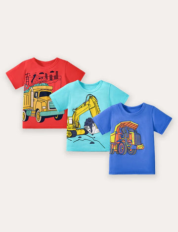 3PCS Cartoon Car Print Short Sleeve T-Shirt